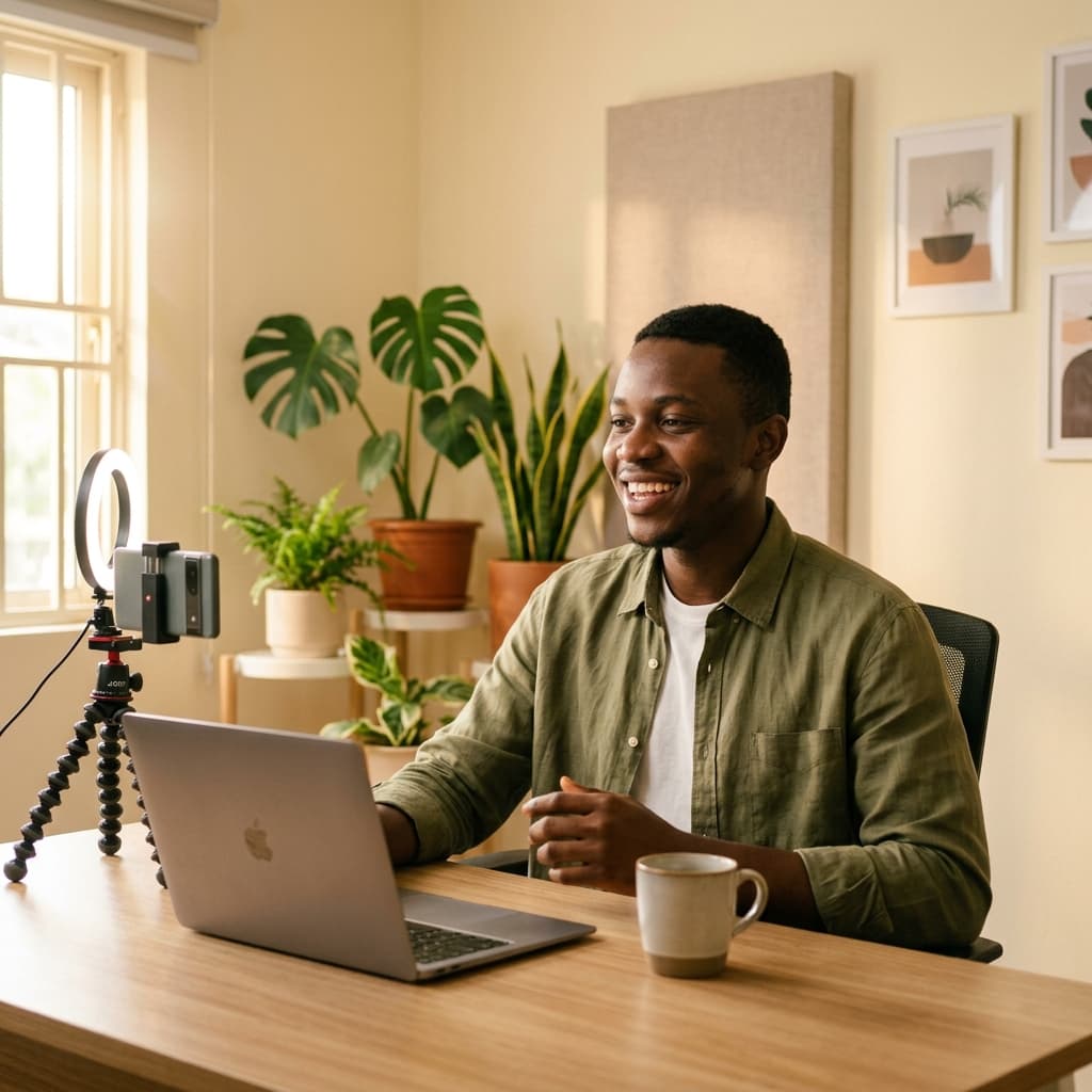 African male content creator filming at his desk